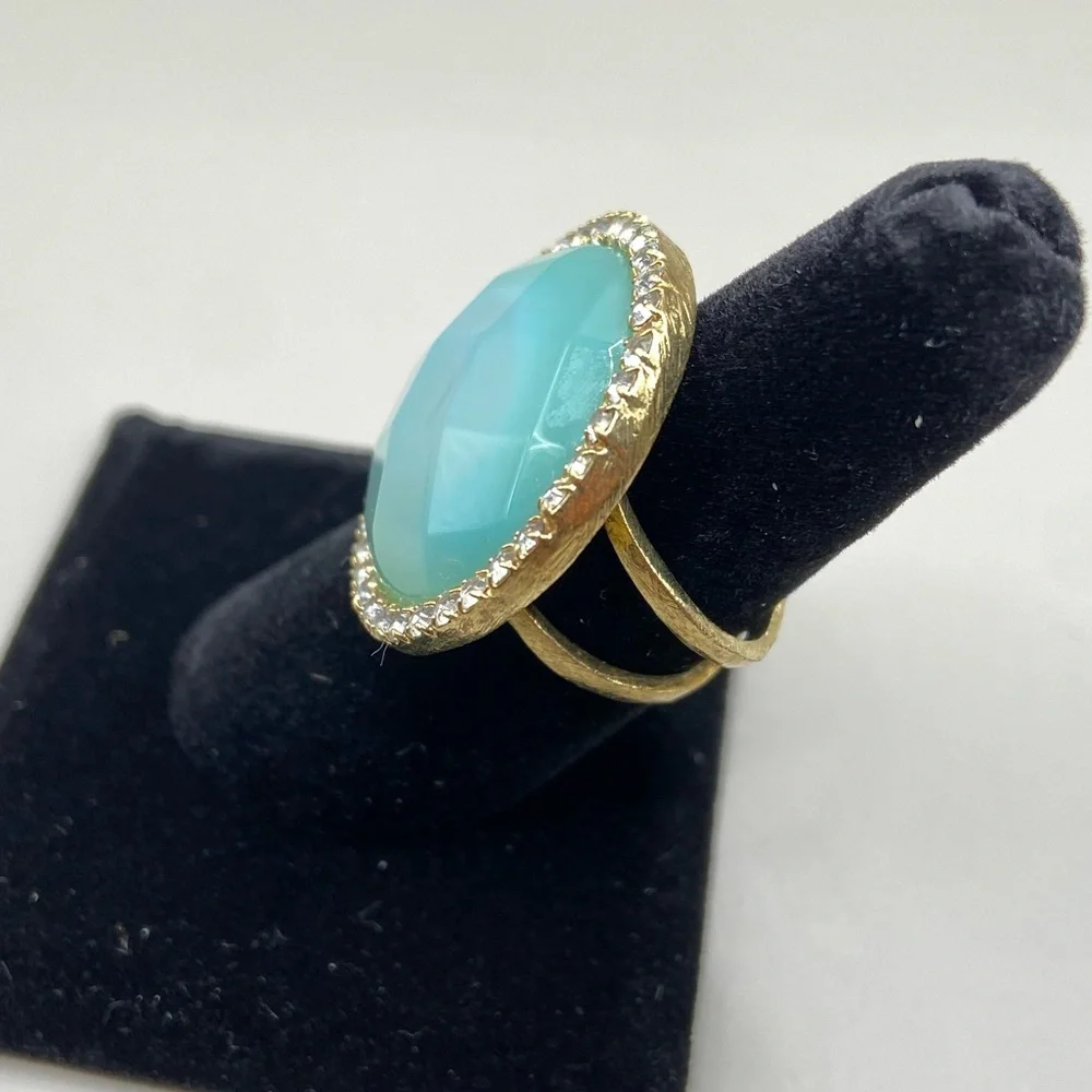 Gold Tone Mint Chalcedony Halo Statement Ring